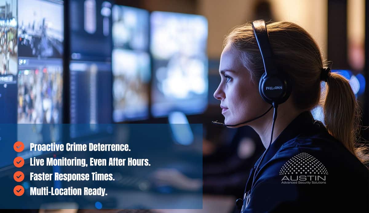 Security professional monitoring multiple screens in control room.