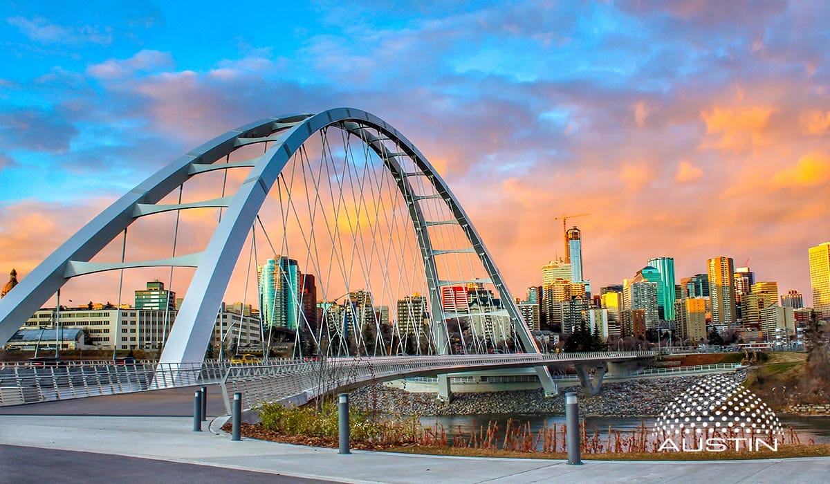 City skyline with modern bridge at sunset
