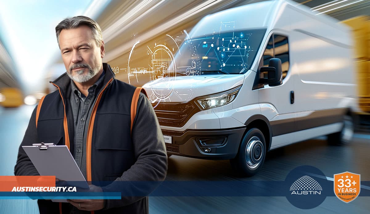 Security professional with van and digital overlays