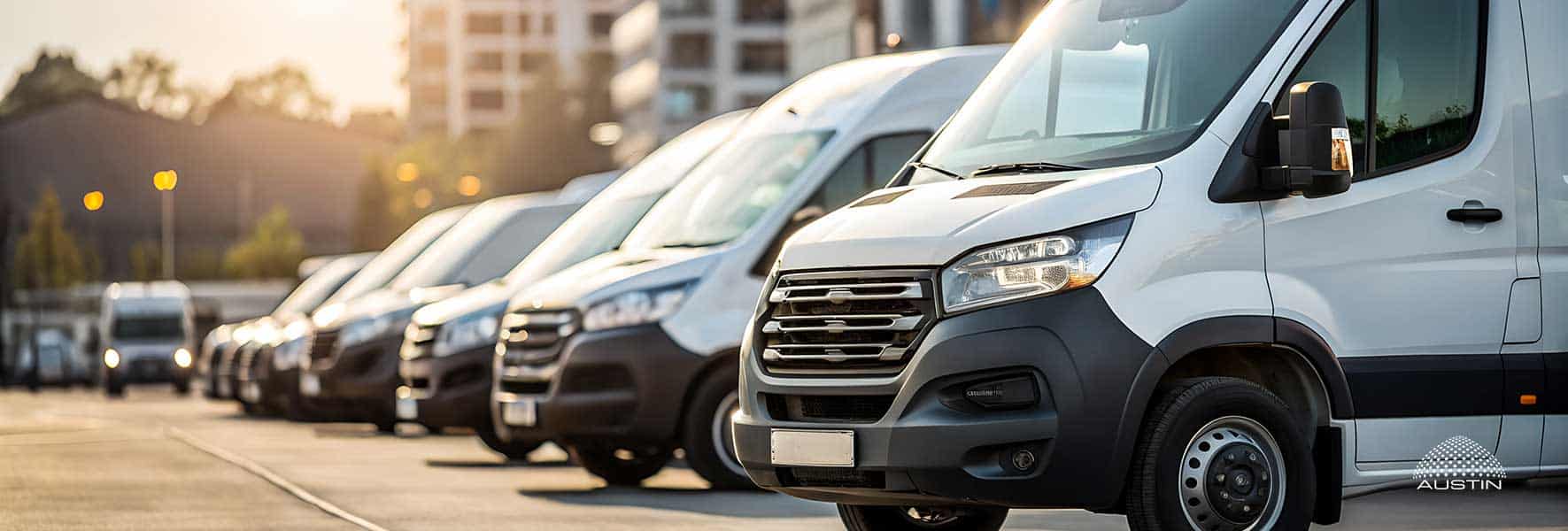 Row of parked white vans in a lot.