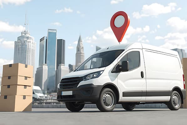Delivery van with city skyline background