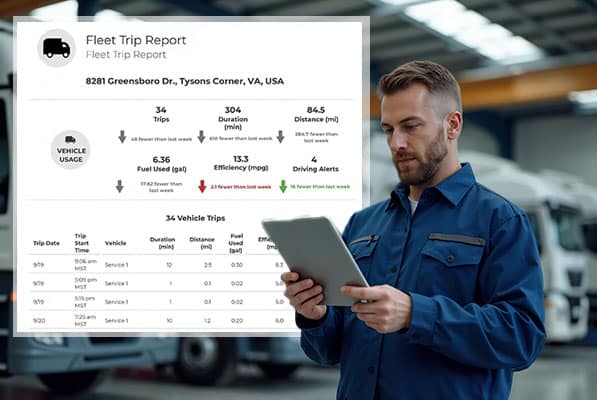 Man reviewing fleet trip report on tablet.