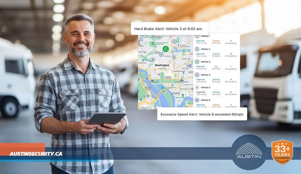 Man with tablet, vehicle alert map display.