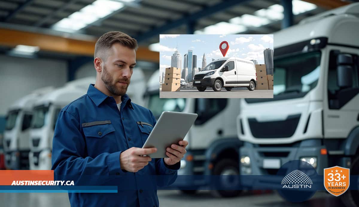 Logistics worker using tablet by delivery trucks.