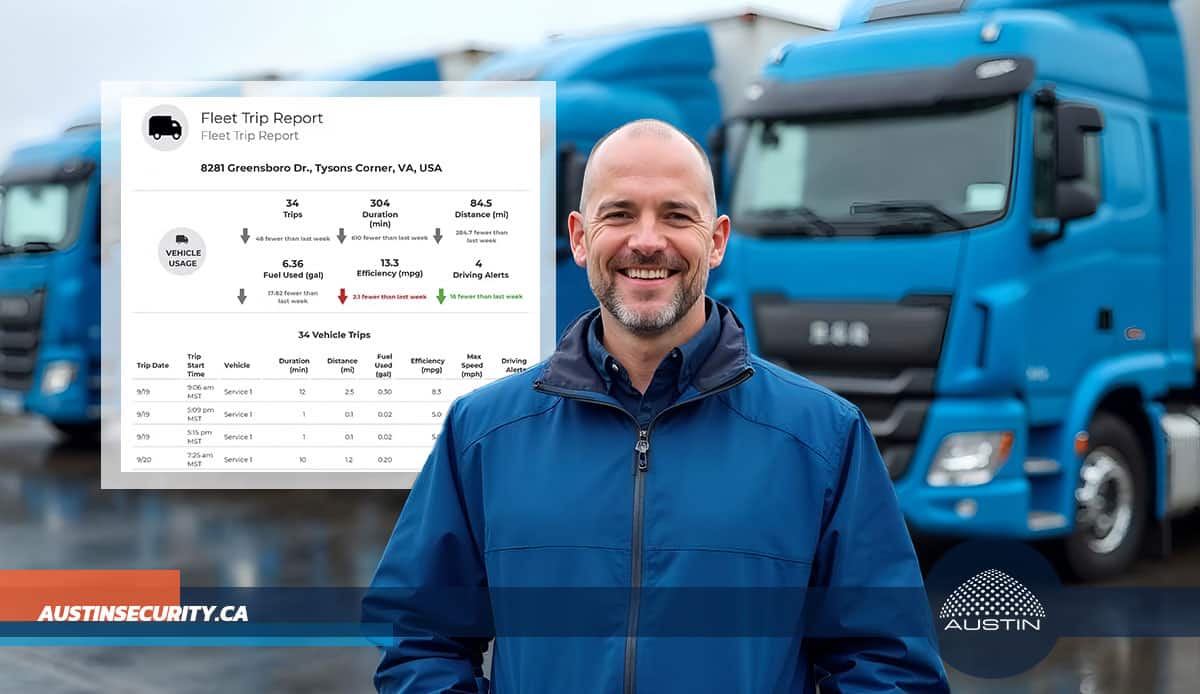 Smiling man in front of blue trucks with report.