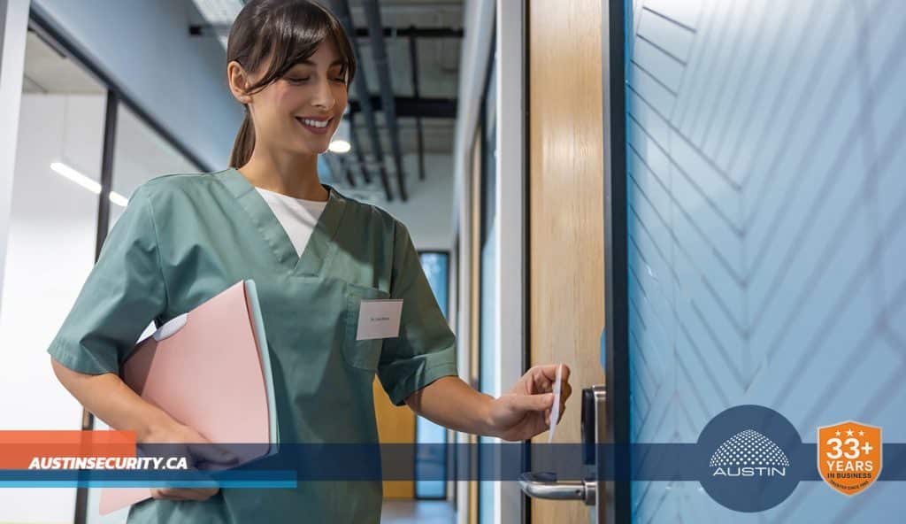 Nurse using key card for secure door access