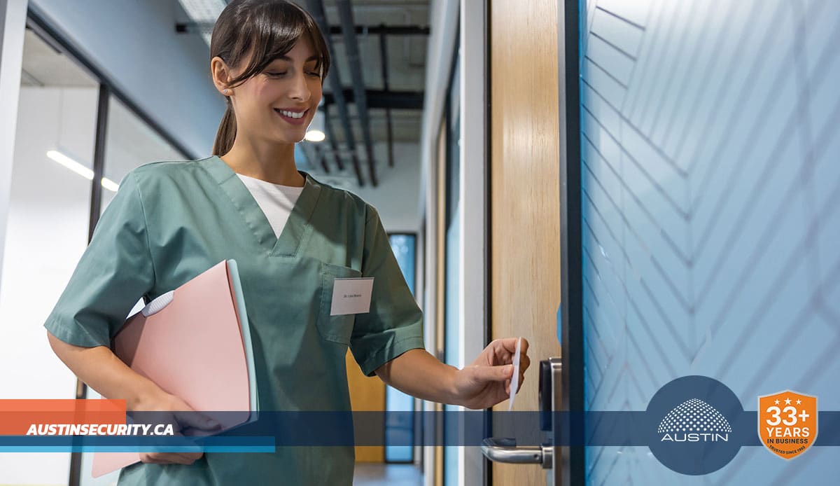 Nurse using key card for secure door access