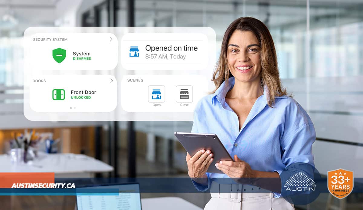 Woman with tablet using security system interface