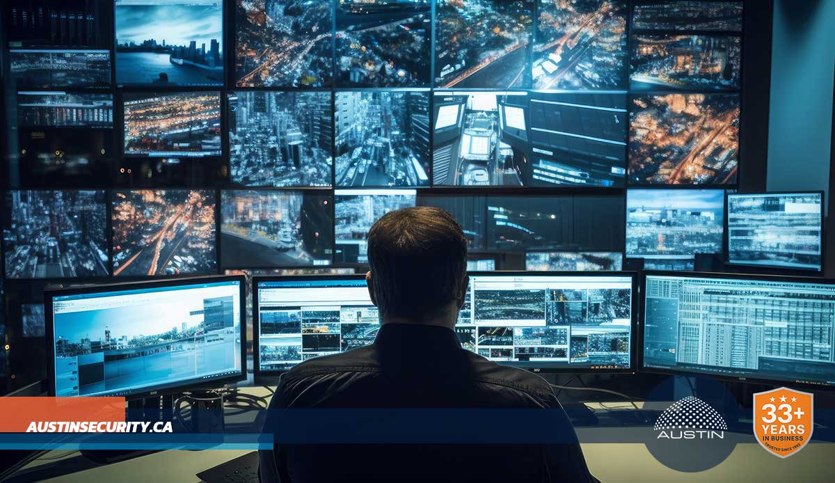 Security control room with multiple surveillance monitors.