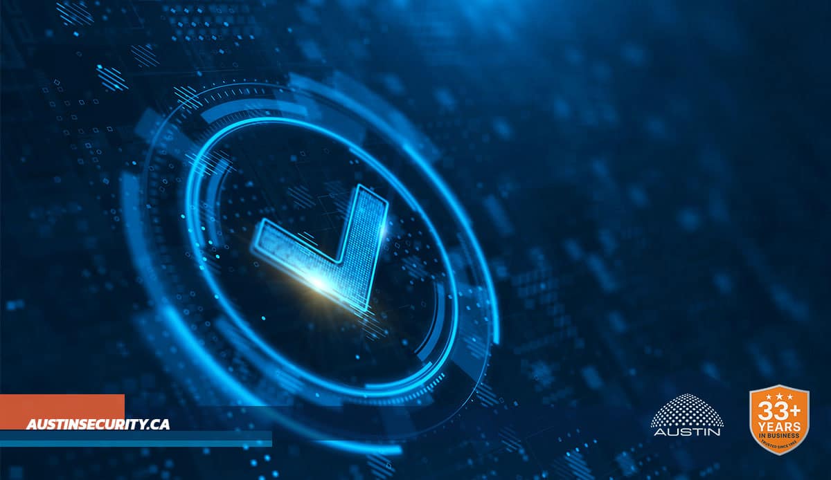 Digital security checkmark with Austin Security branding.