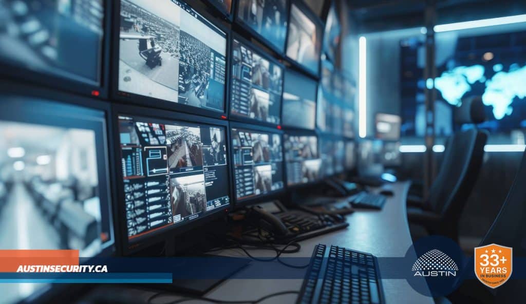 Security monitoring room with multiple screens.