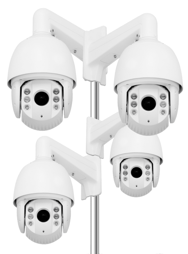 Four security cameras on a pole.