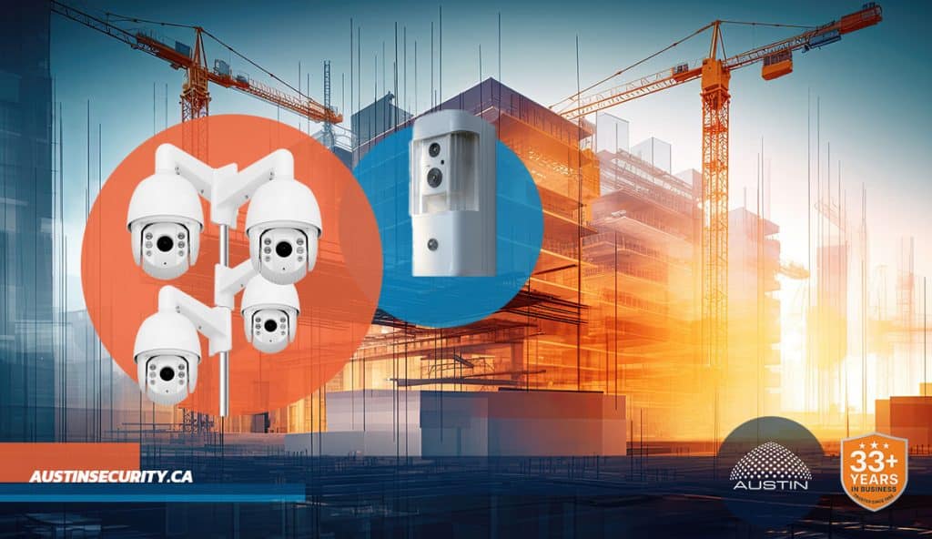 Surveillance cameras in construction site background