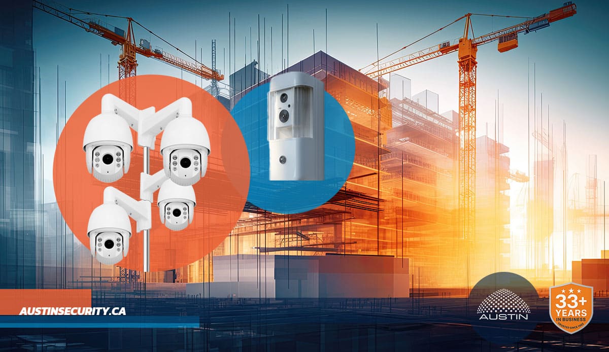 Surveillance cameras in construction site background